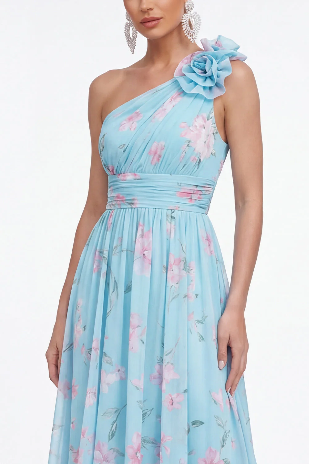 Robe fleurie verte en chiffon froncé à une épaule avec une fleur 3D - Image 7