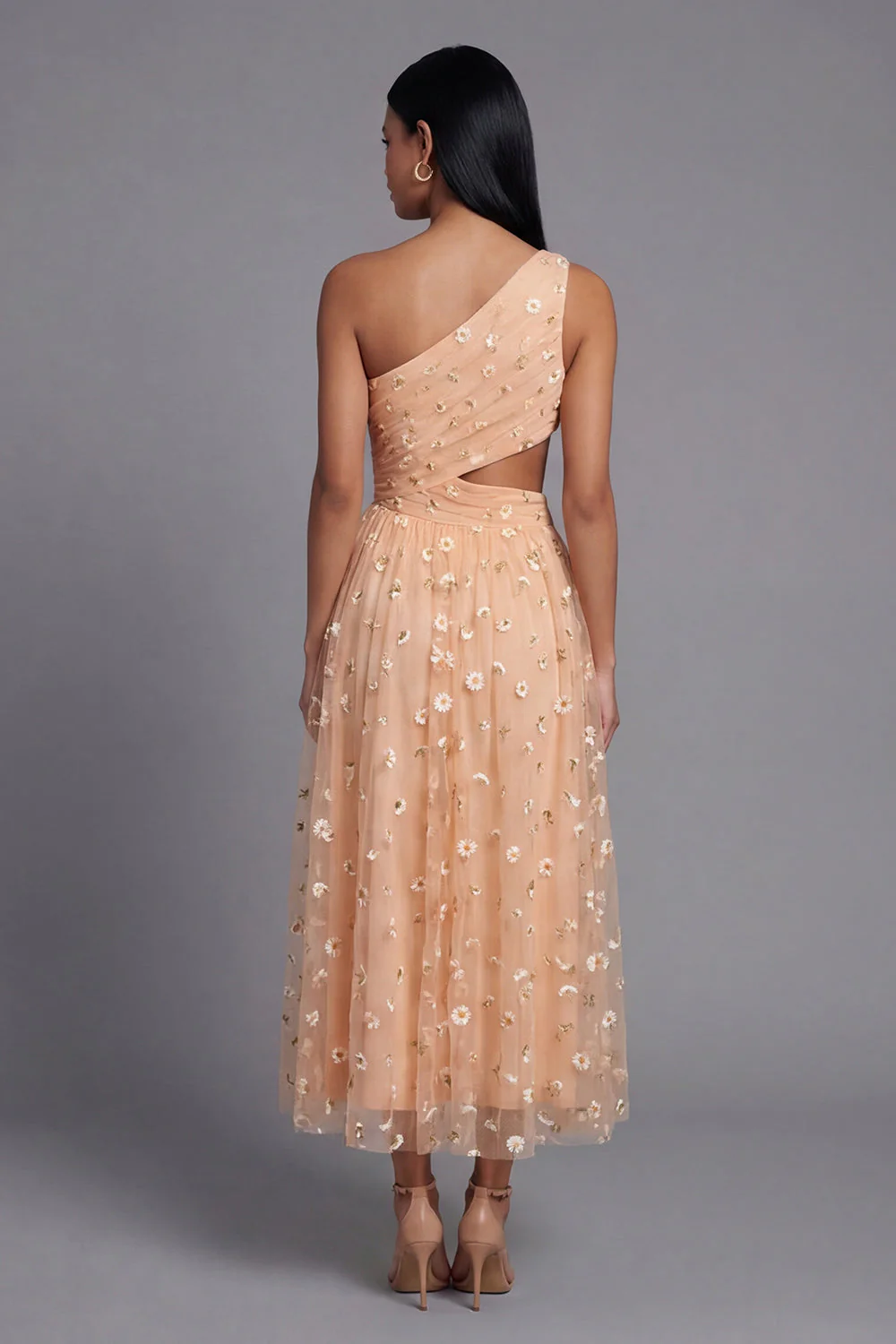 Robe florale orange à une épaule brodée en tulle avec fente - Image 2
