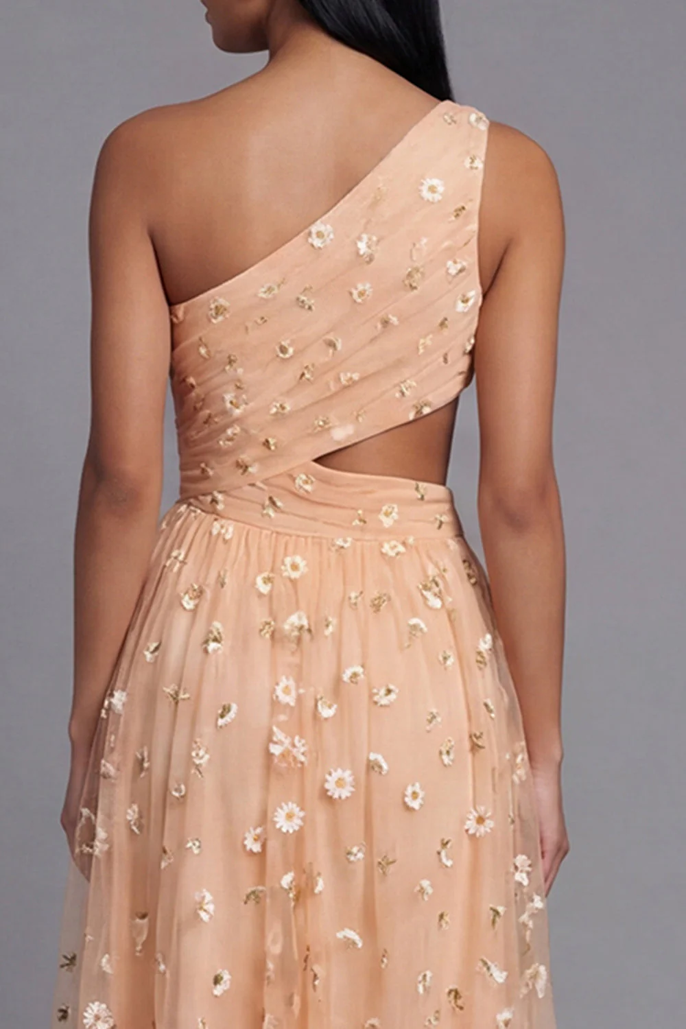 Robe florale orange à une épaule brodée en tulle avec fente - Image 5