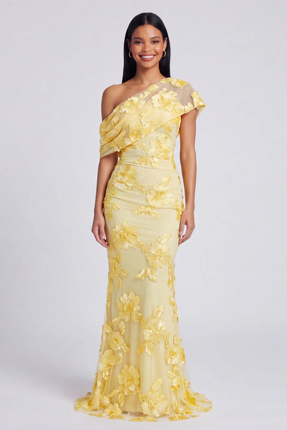 Robe formelle à col asymétrique en sirène jaune avec broderies florales