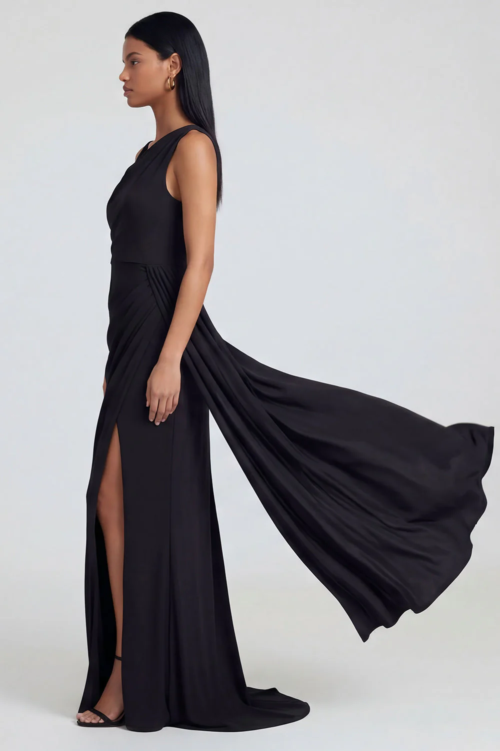Robe formelle à col asymétrique noir fourreau avec ruban - Image 3