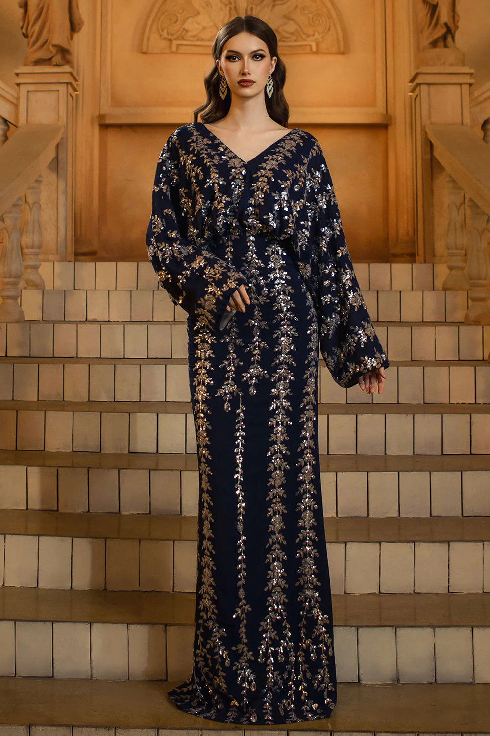 Robe formelle à manches longues à manches longues à col en V bleu marine scintillante - Image 5