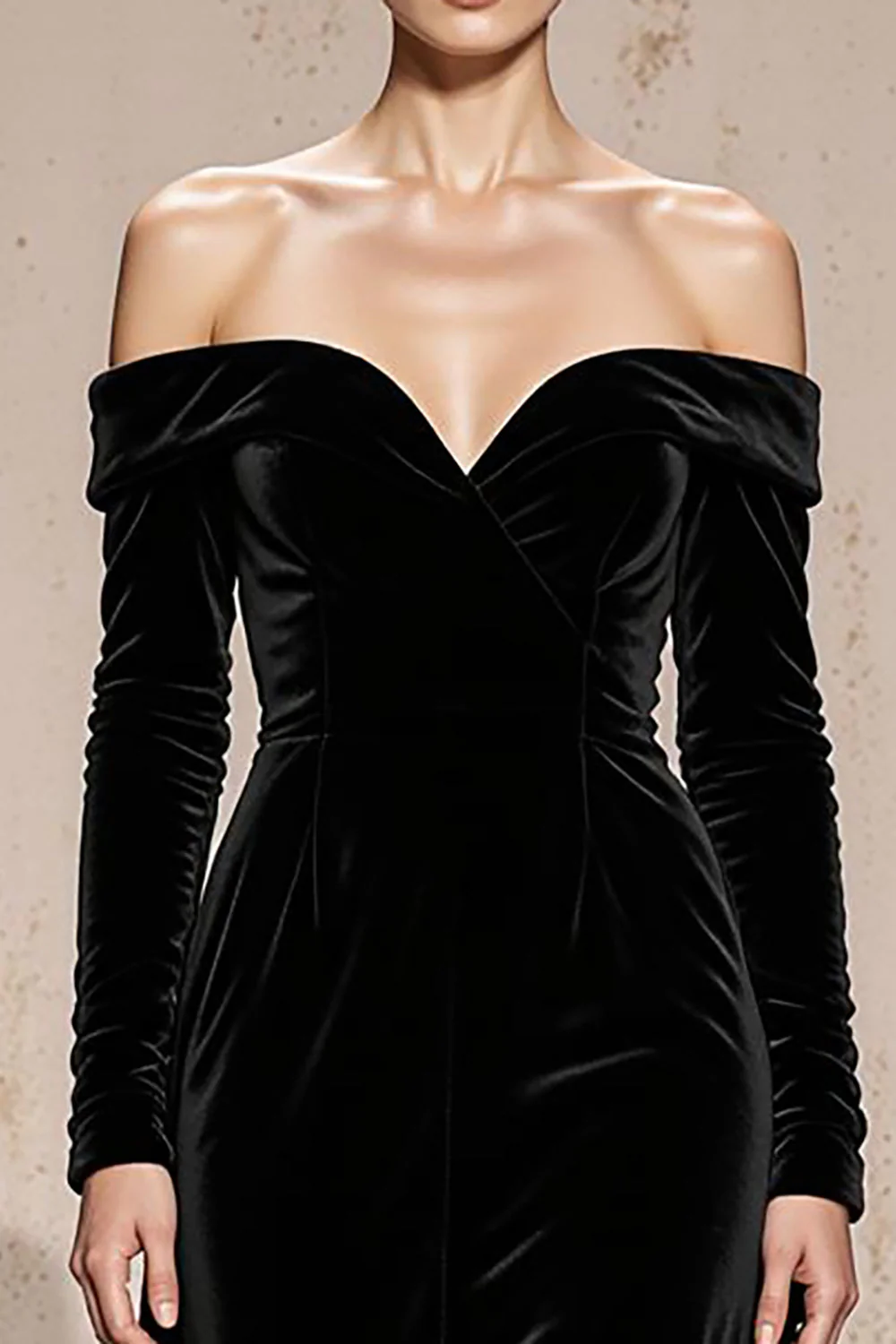 Robe formelle à manches longues en velours noir à épaules dénudées - Image 3