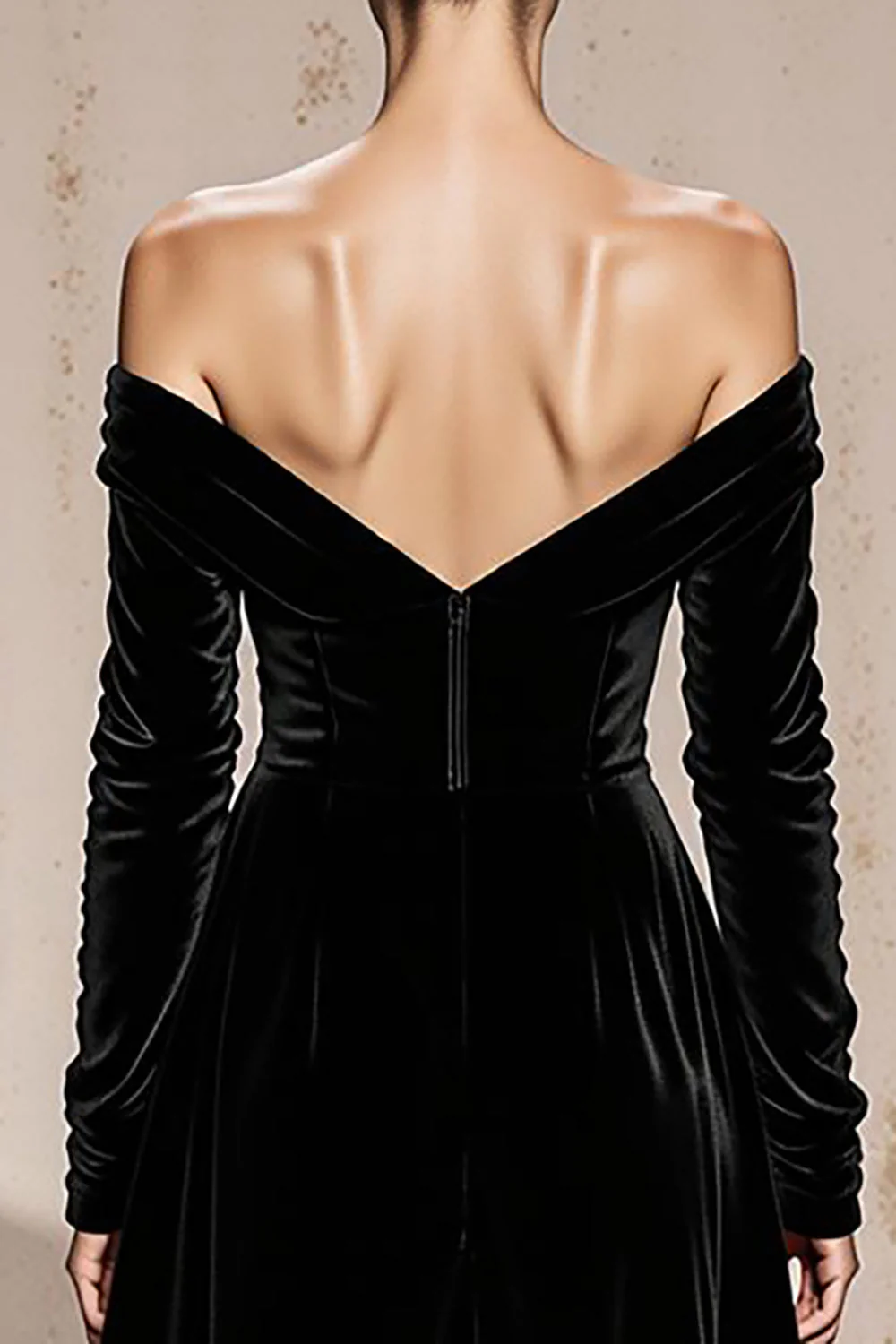 Robe formelle à manches longues en velours noir à épaules dénudées - Image 4