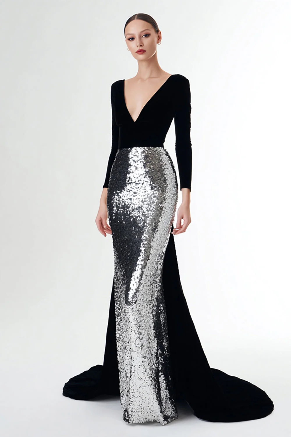 Robe formelle à manches longues fourreau en velours noir et argenté avec paillettes