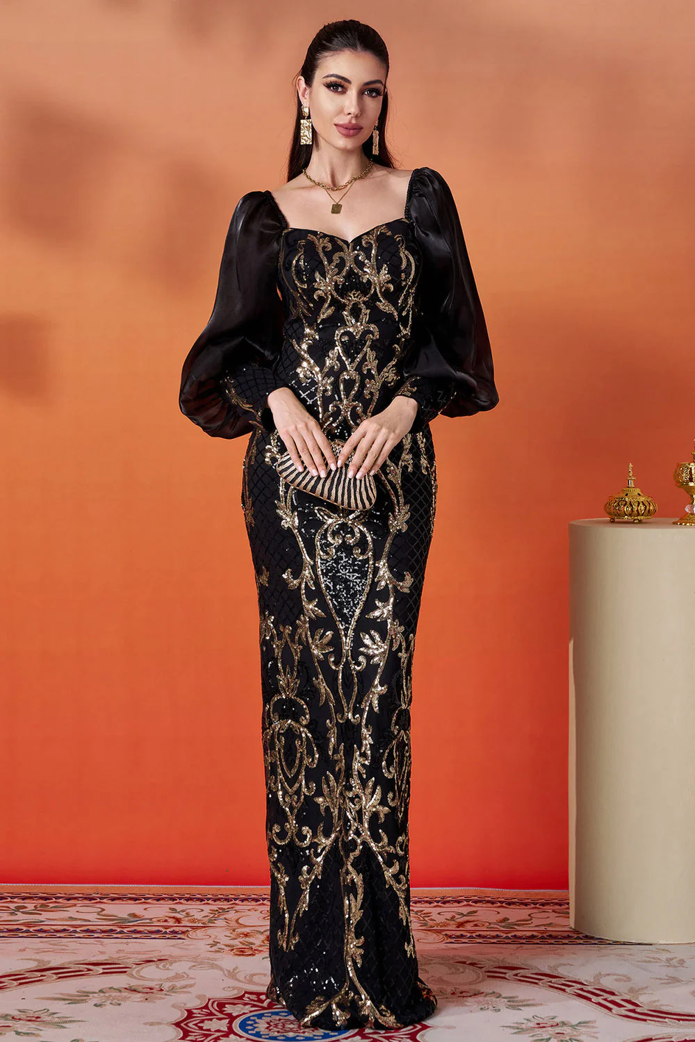 Robe formelle à manches longues sirène dorée noire scintillante
