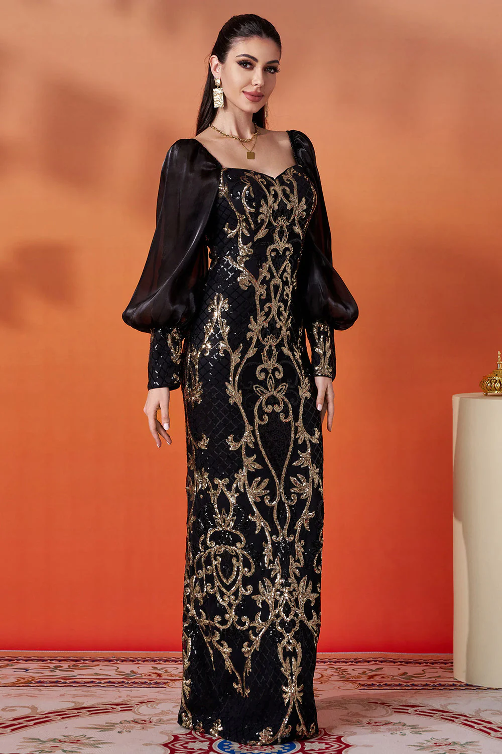 Robe formelle à manches longues sirène dorée noire scintillante - Image 5