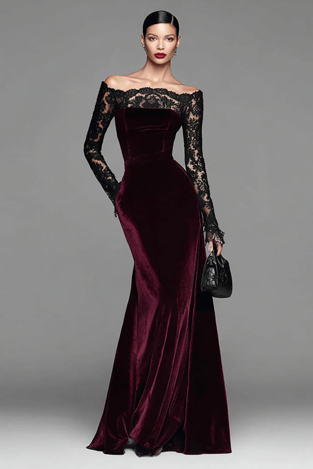Robe sirène formelle en velours bordeaux à manches longues avec dentelle