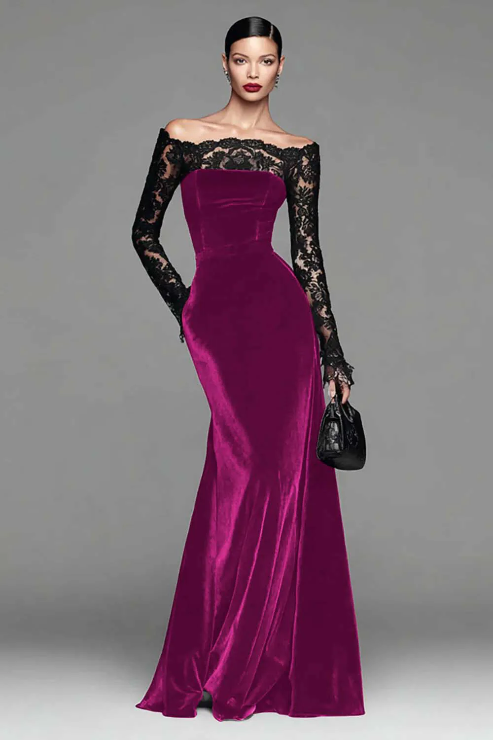 Robe sirène formelle en velours bordeaux à manches longues avec dentelle - Image 11