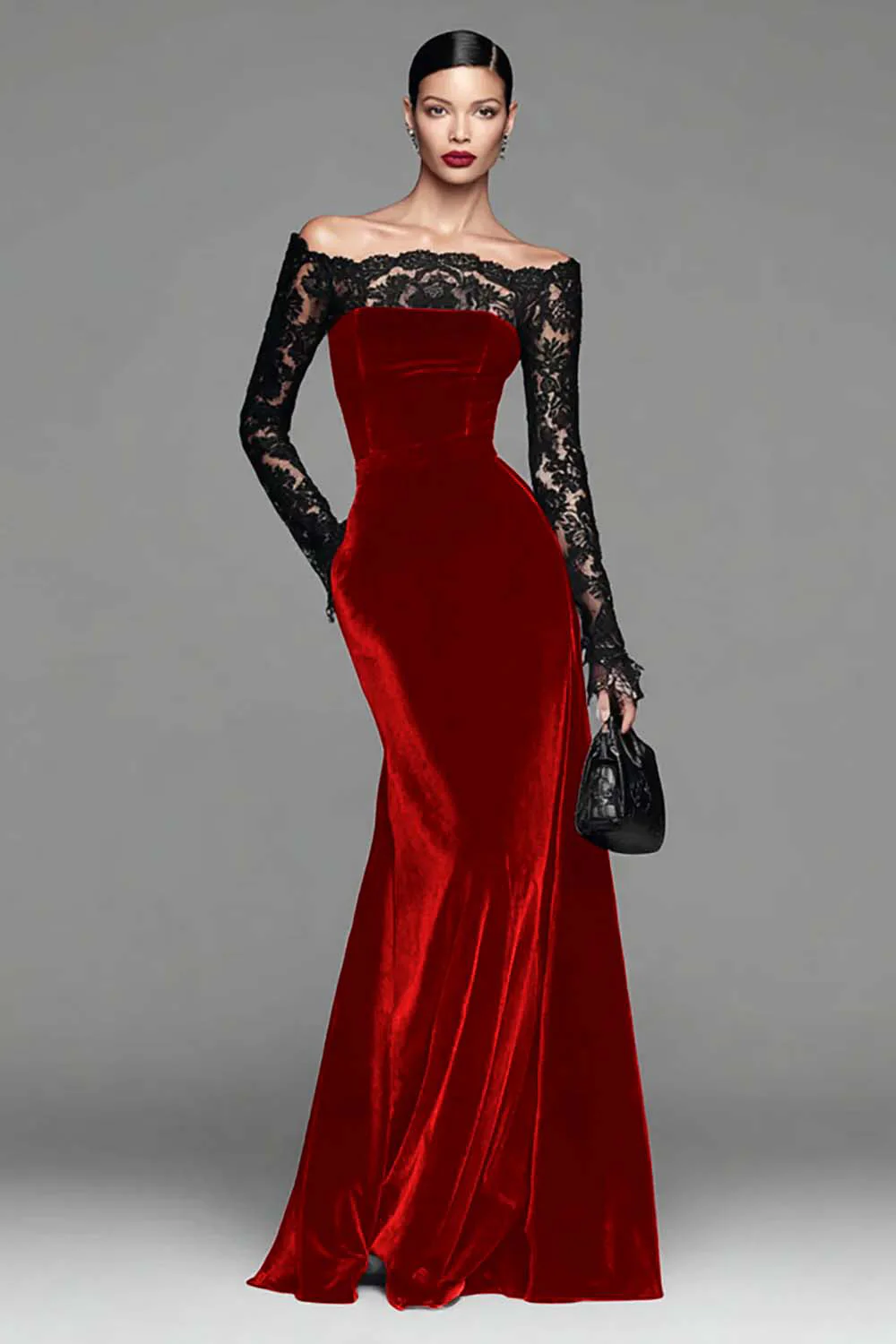 Robe sirène formelle en velours bordeaux à manches longues avec dentelle - Image 14