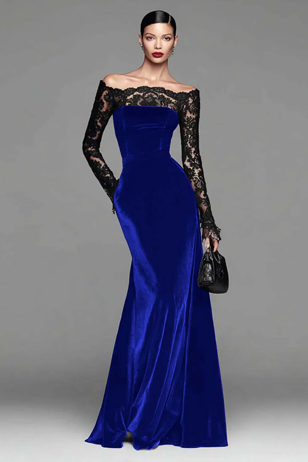 Robe sirène formelle en velours bordeaux à manches longues avec dentelle - Image 15