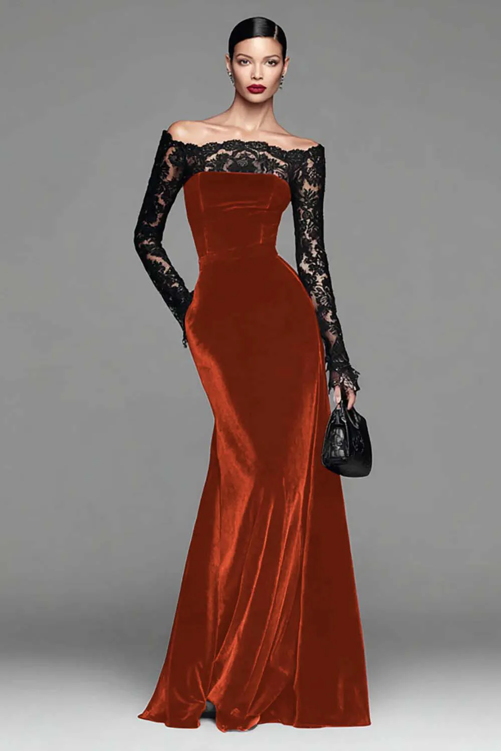Robe sirène formelle en velours bordeaux à manches longues avec dentelle - Image 16