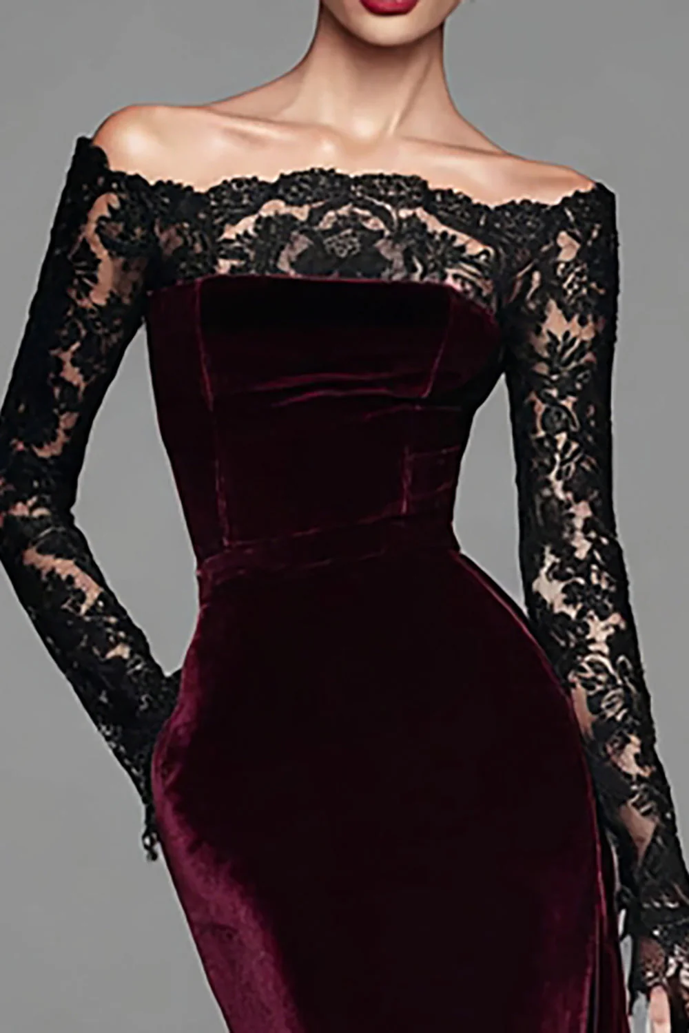 Robe sirène formelle en velours bordeaux à manches longues avec dentelle - Image 3