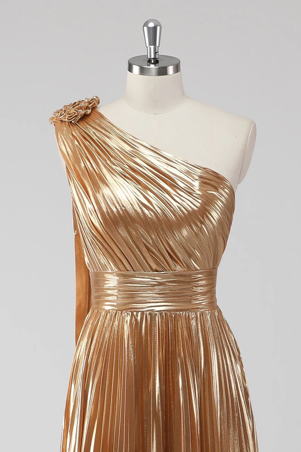 Robe formelle a-trapèze métallisée asymétrique dorée dorée - Image 6