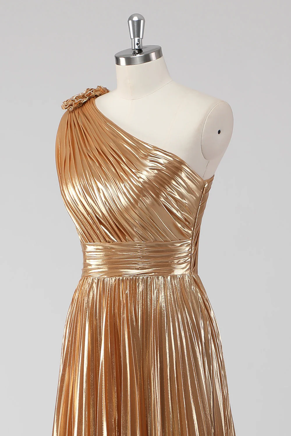 Robe formelle a-trapèze métallisée asymétrique dorée dorée - Image 8