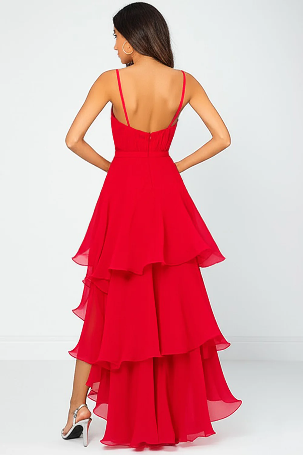 Robe formelle à volants en mousseline de soie rouge à bretelles spaghetti - Image 2