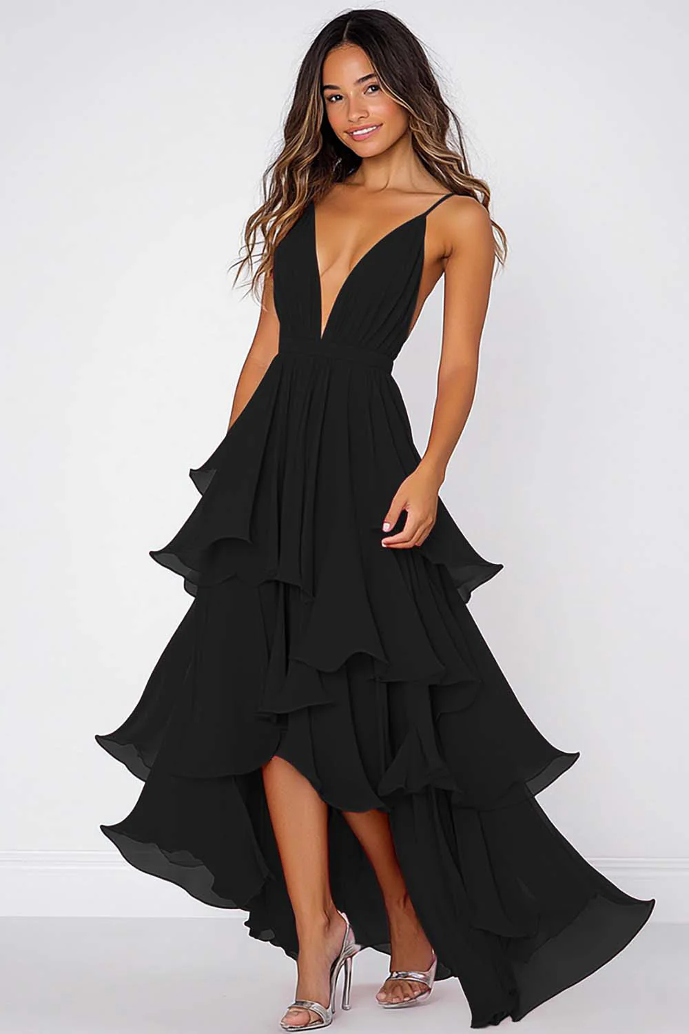 Robe formelle à volants en mousseline de soie rouge à bretelles spaghetti - Image 4