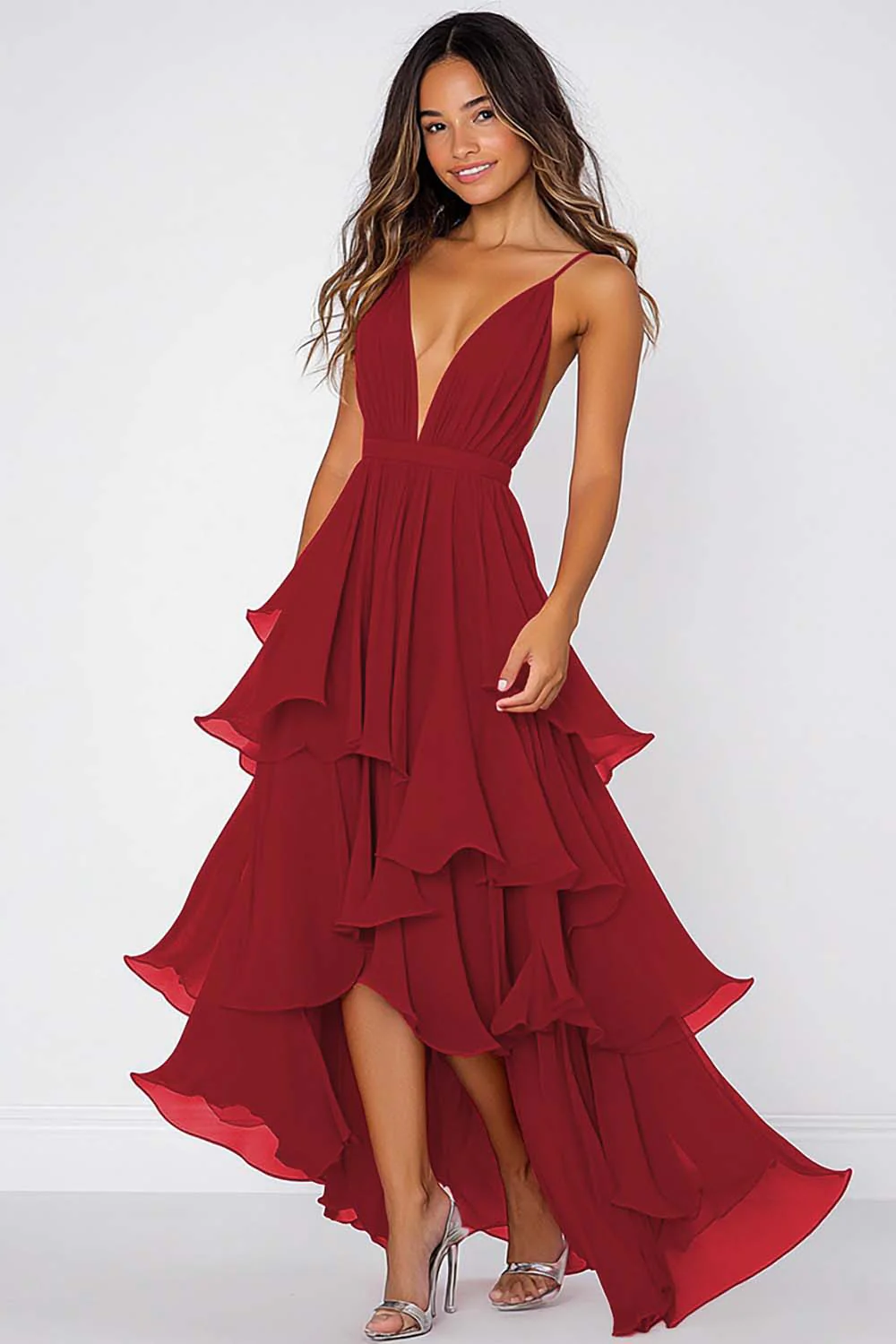 Robe formelle à volants en mousseline de soie rouge à bretelles spaghetti - Image 5