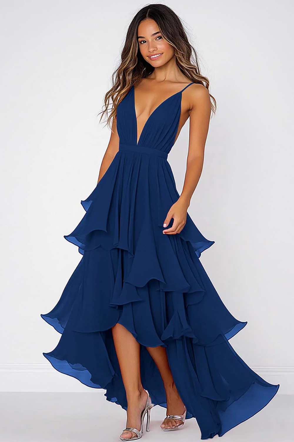 Robe formelle à volants en mousseline de soie rouge à bretelles spaghetti - Image 8