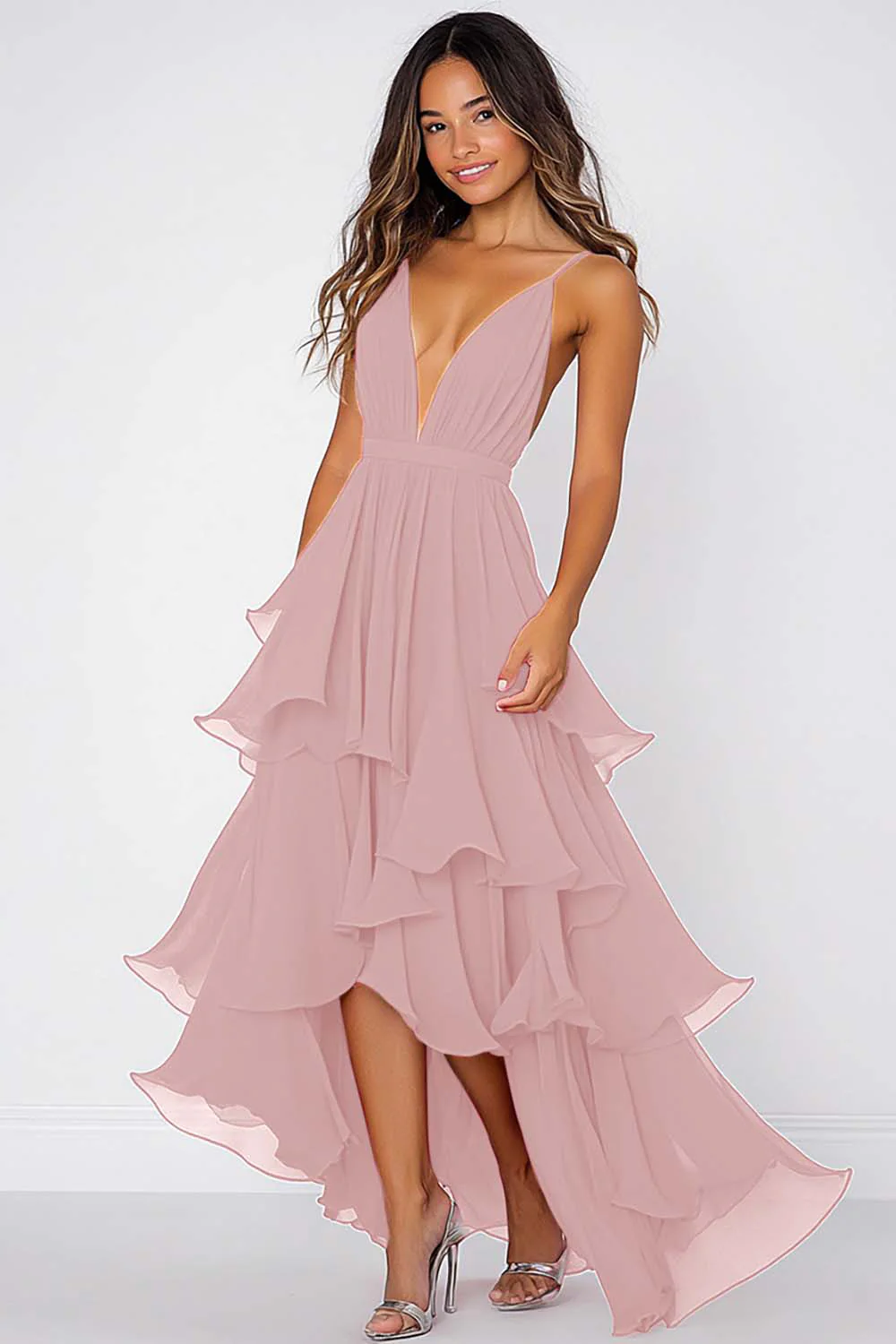Robe formelle à volants en mousseline de soie rouge à bretelles spaghetti - Image 9
