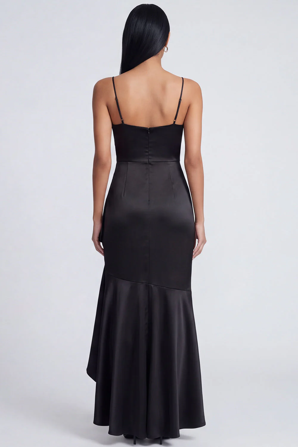 Robe formelle à volants en satin à bretelles en sirène noire - Image 2