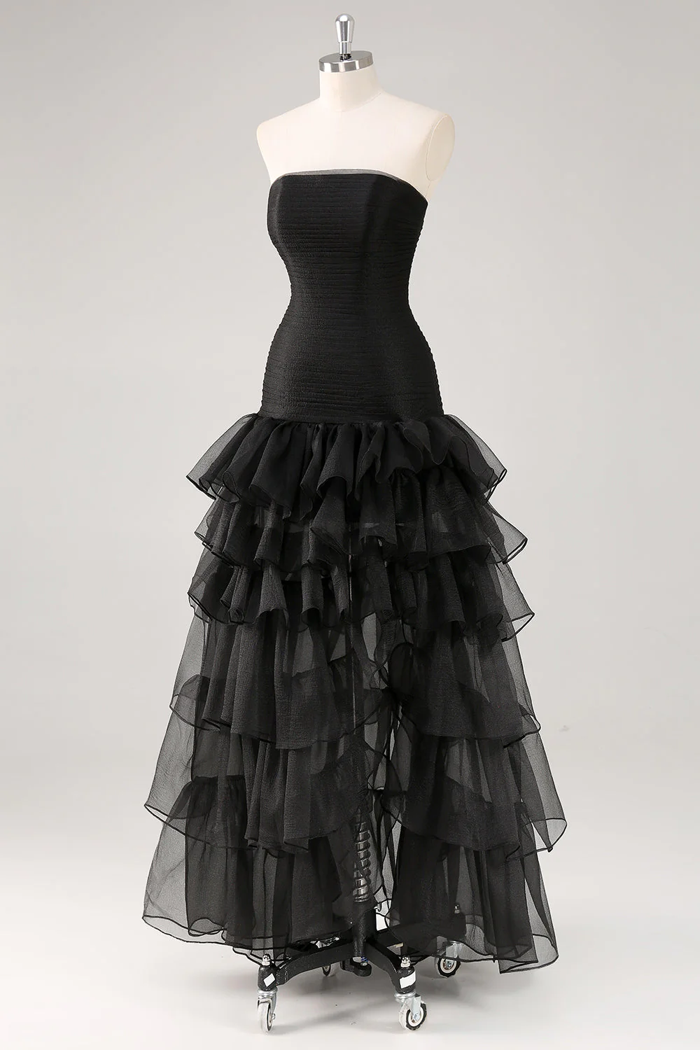 Robe formelle à volants en tulle sans bretelles noir - Image 6