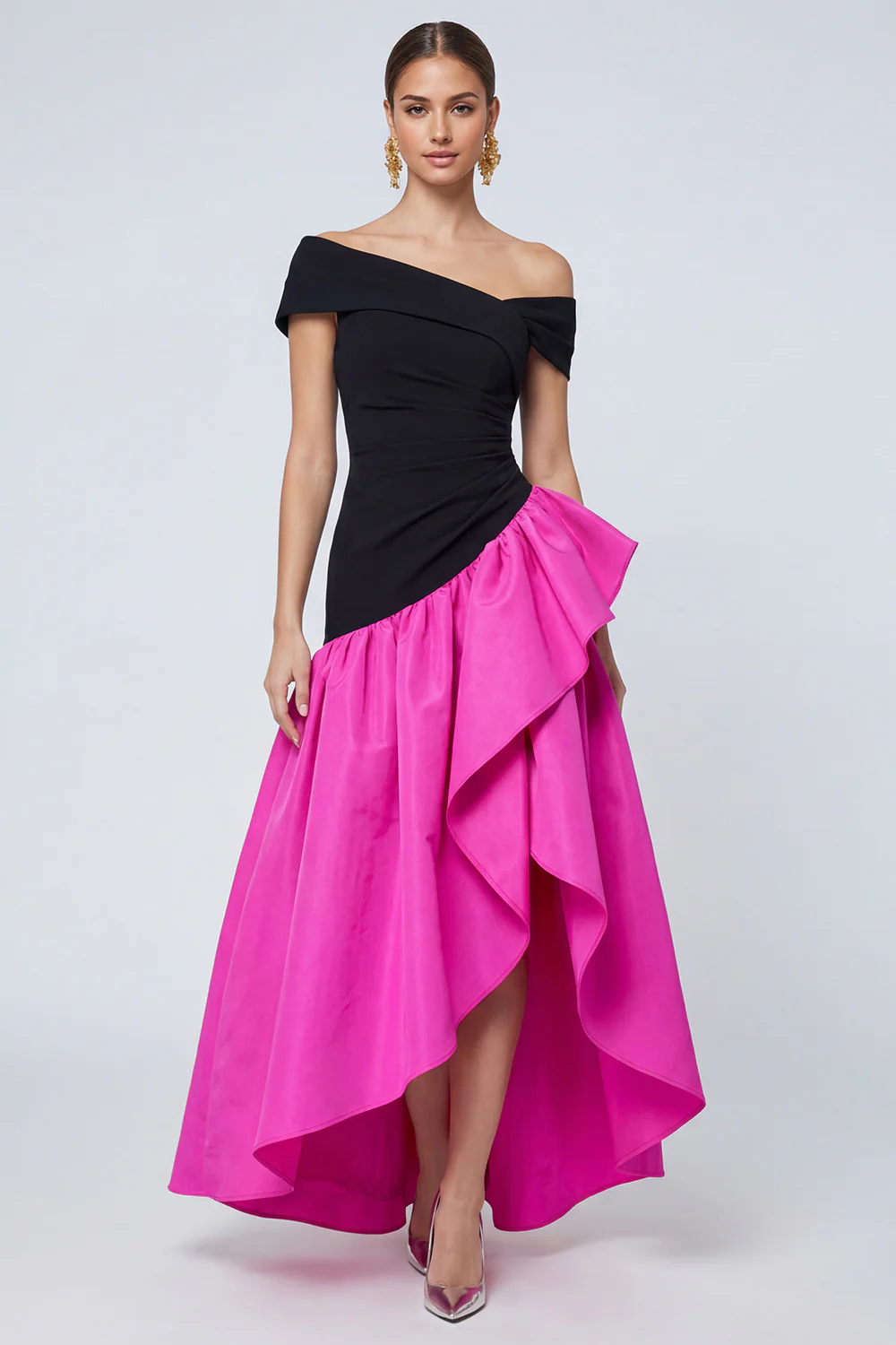 Robe formelle asymétrique à volants fuchsia et noire En fuchsia et noire