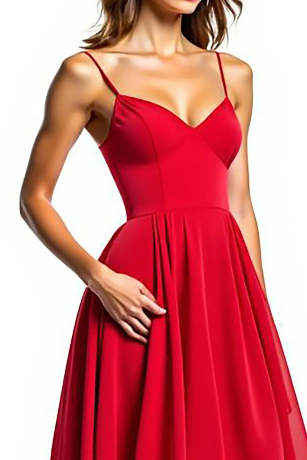 Robe formelle asymétrique en mousseline de soie rouge A Line avec volants - Image 4