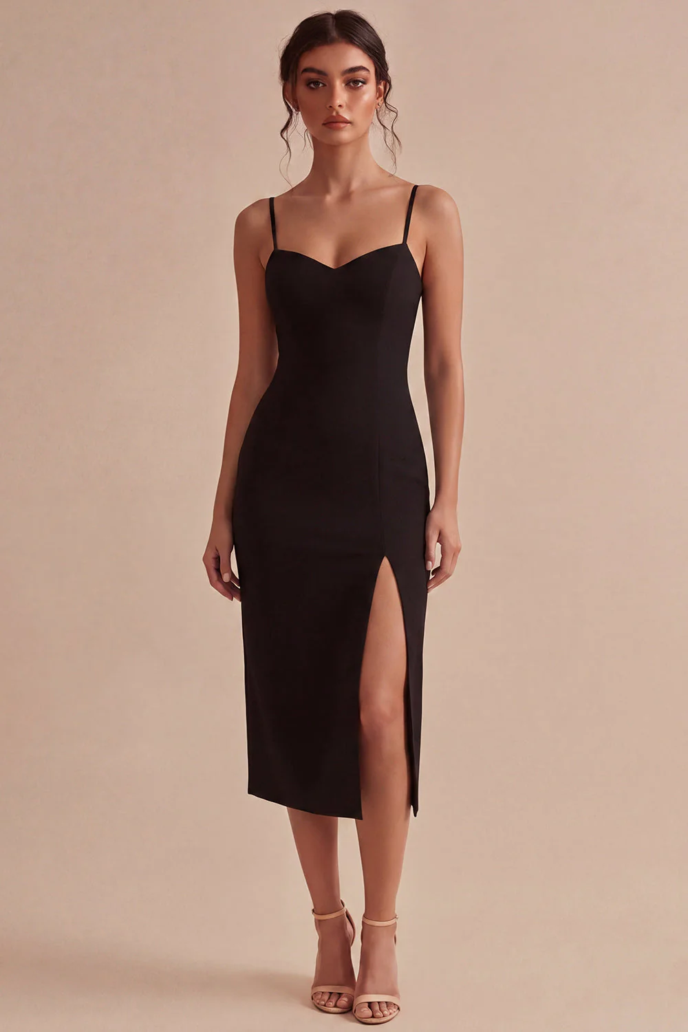 Robe formelle Black Bodycon Midi à bretelles fines avec fente