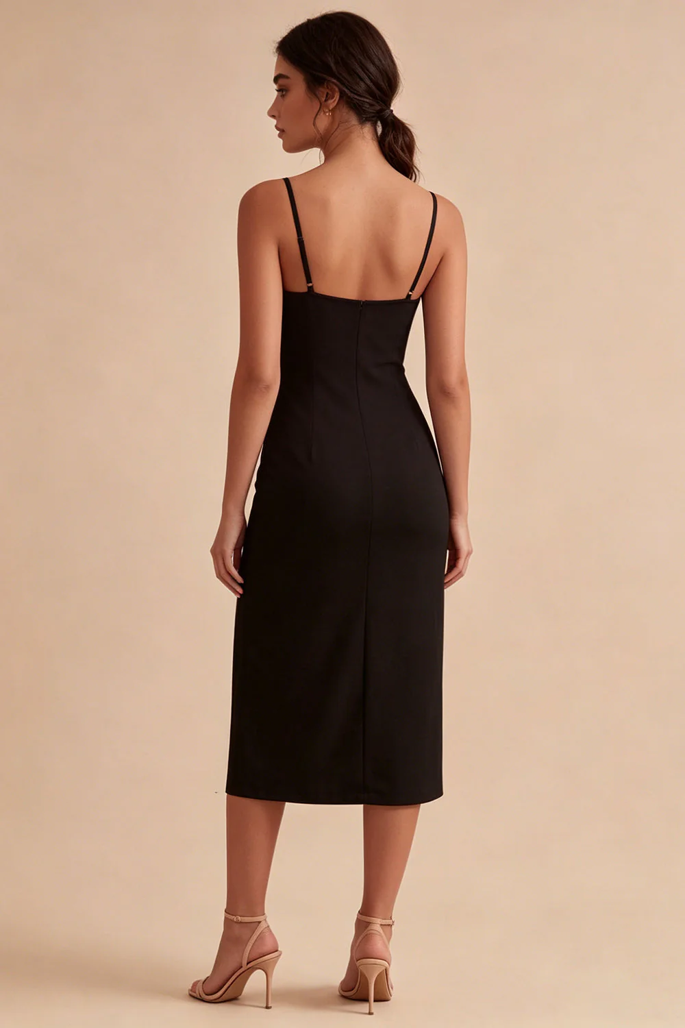 Robe formelle Black Bodycon Midi à bretelles fines avec fente - Image 2