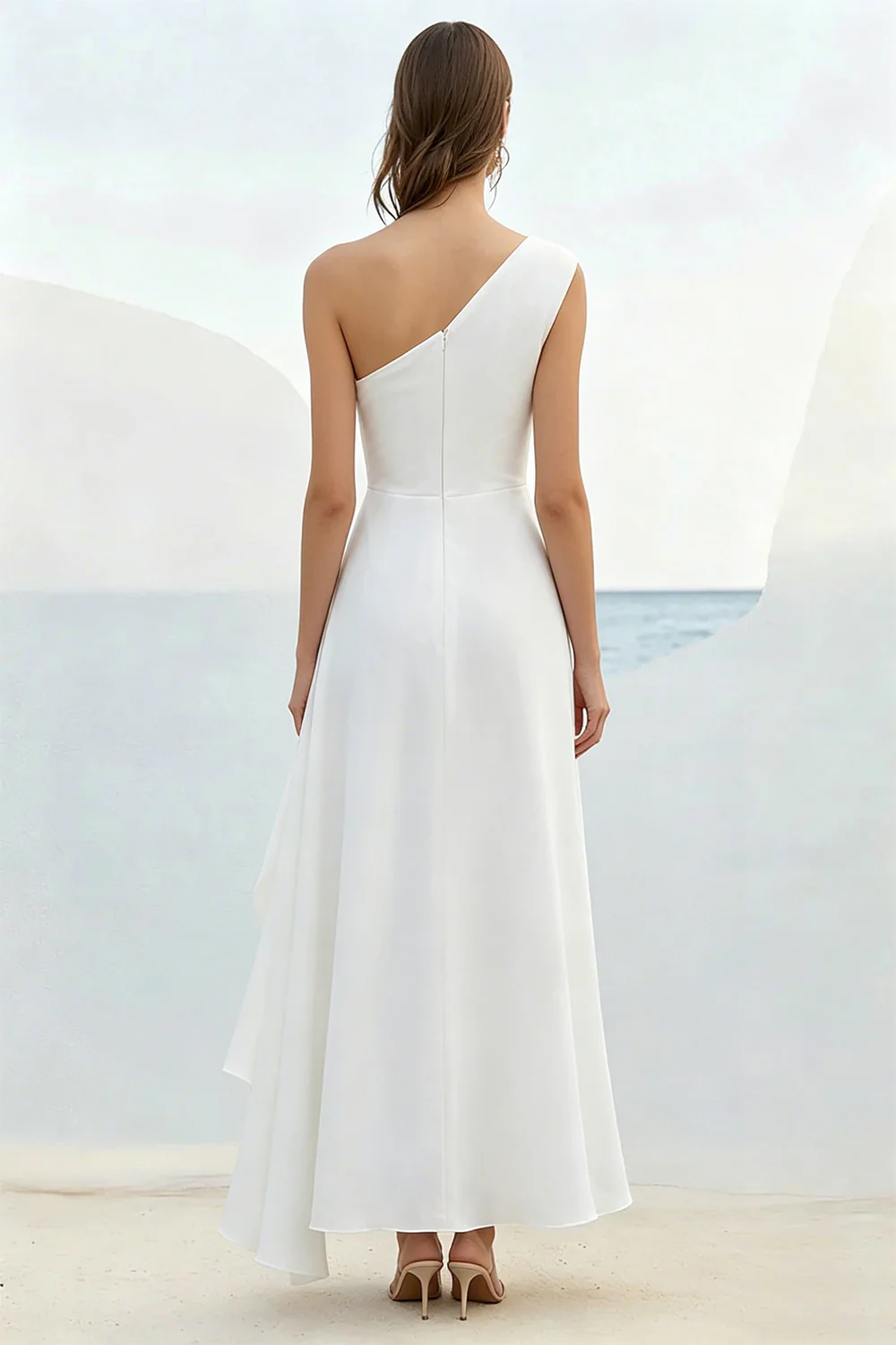 Robe formelle blanche à une épaule fourreau avec volants - Image 2