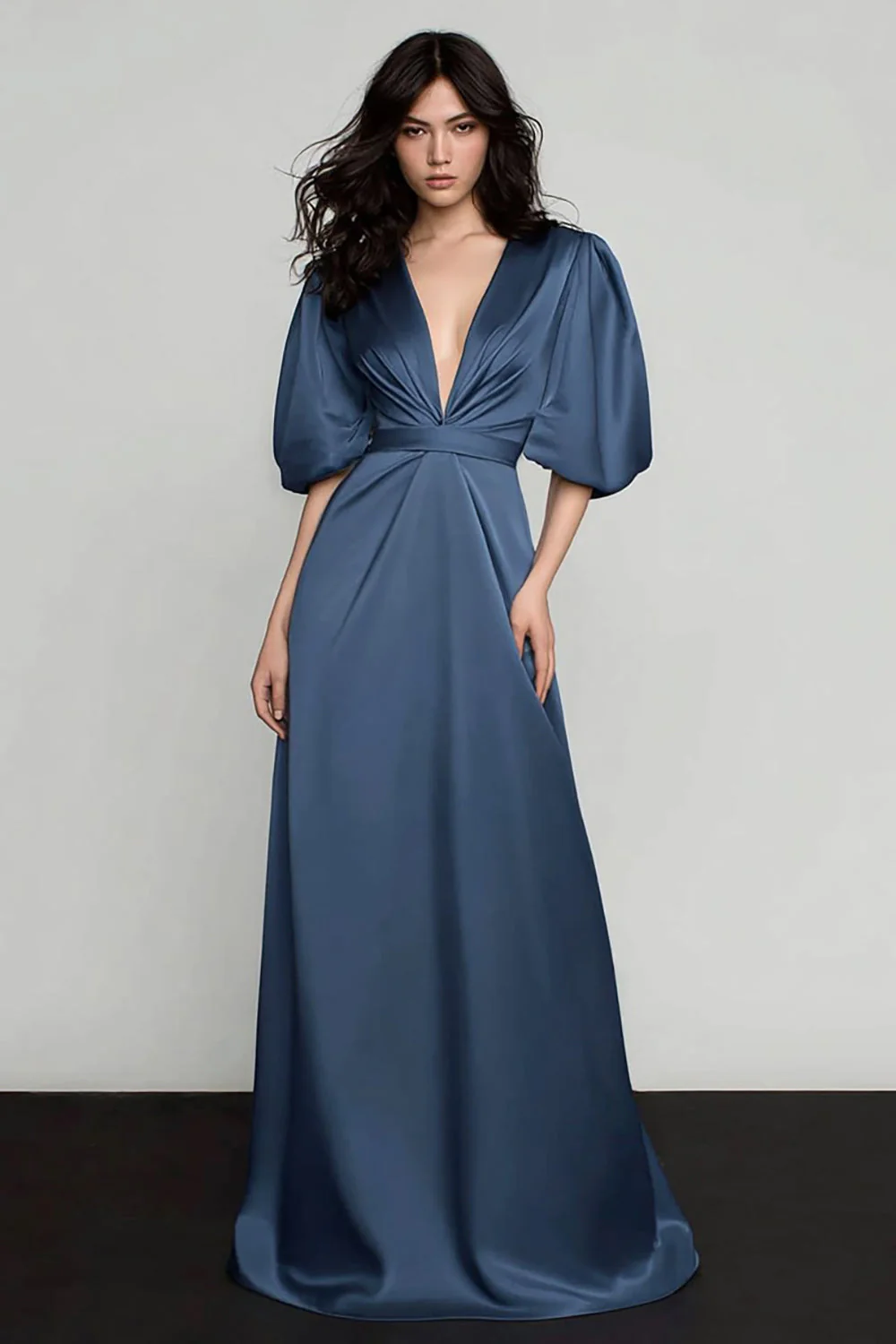 Robe formelle bleu foncé en satin à manches en V à manches bouffantes