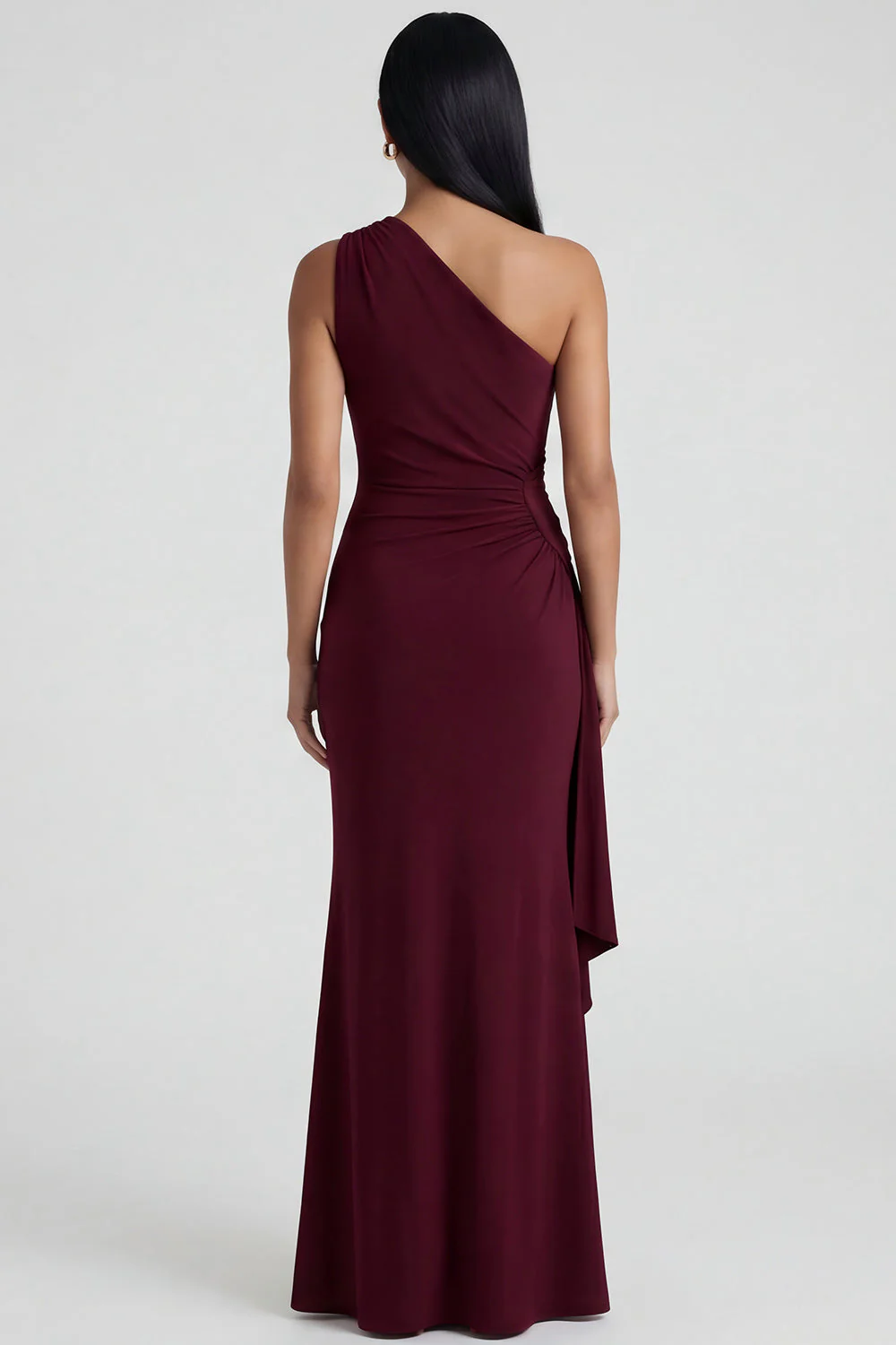 Robe formelle bourgogne à une épaule froncée - Image 2