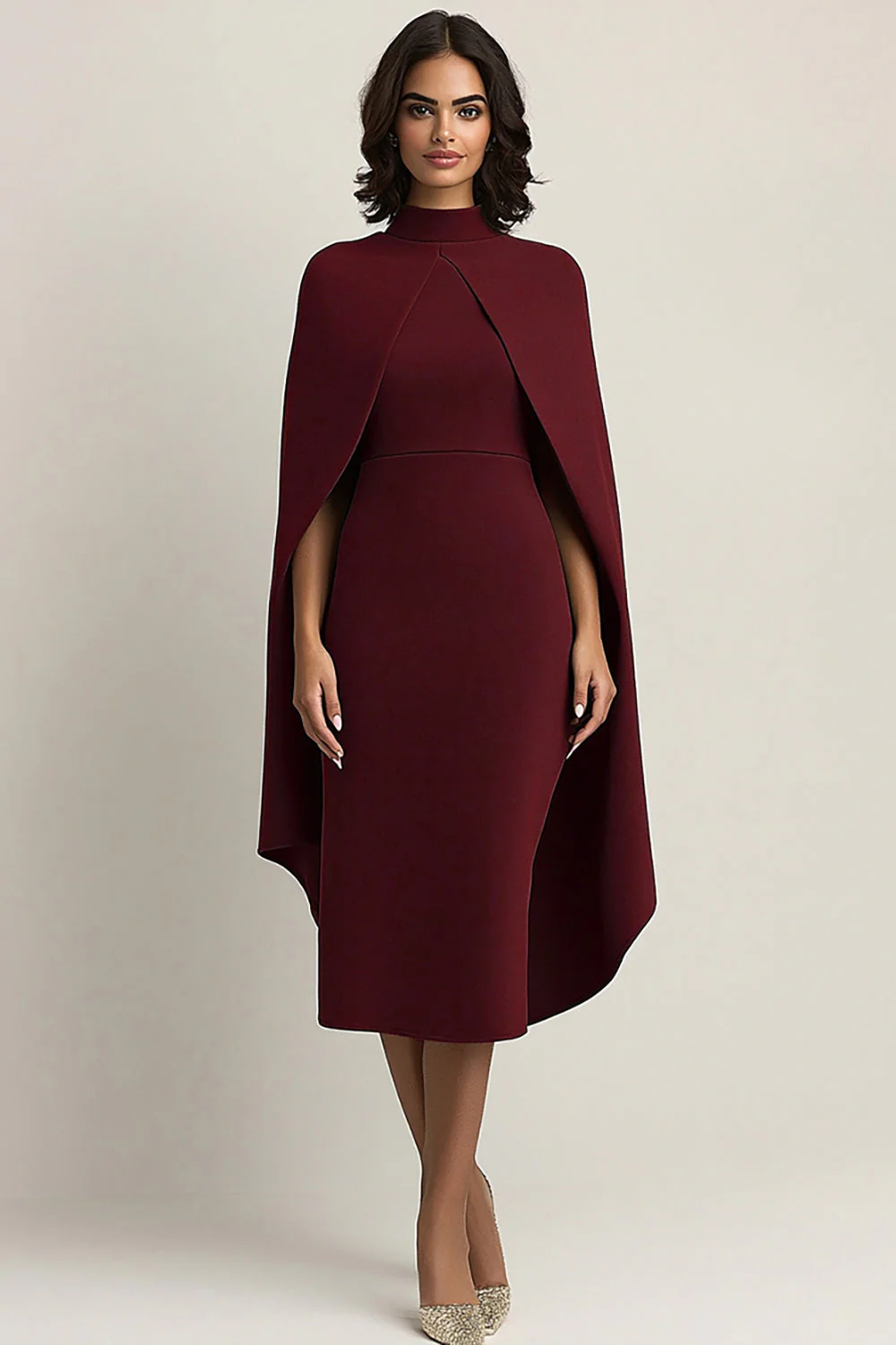 Robe formelle cape midi fourreau bordeaux