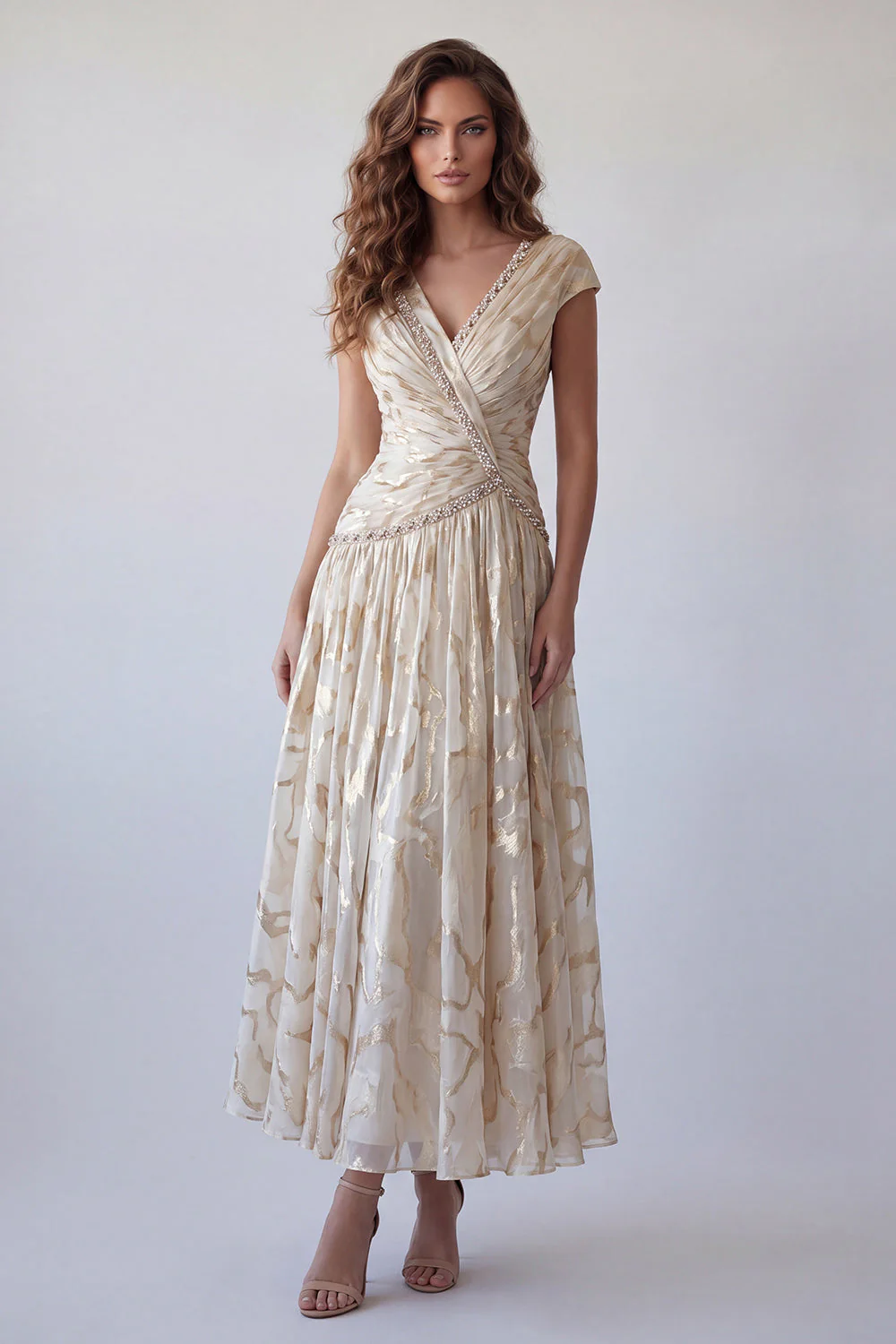 Robe formelle champagne ligne A, décolleté en V à perles imprimées et manches bonnes,