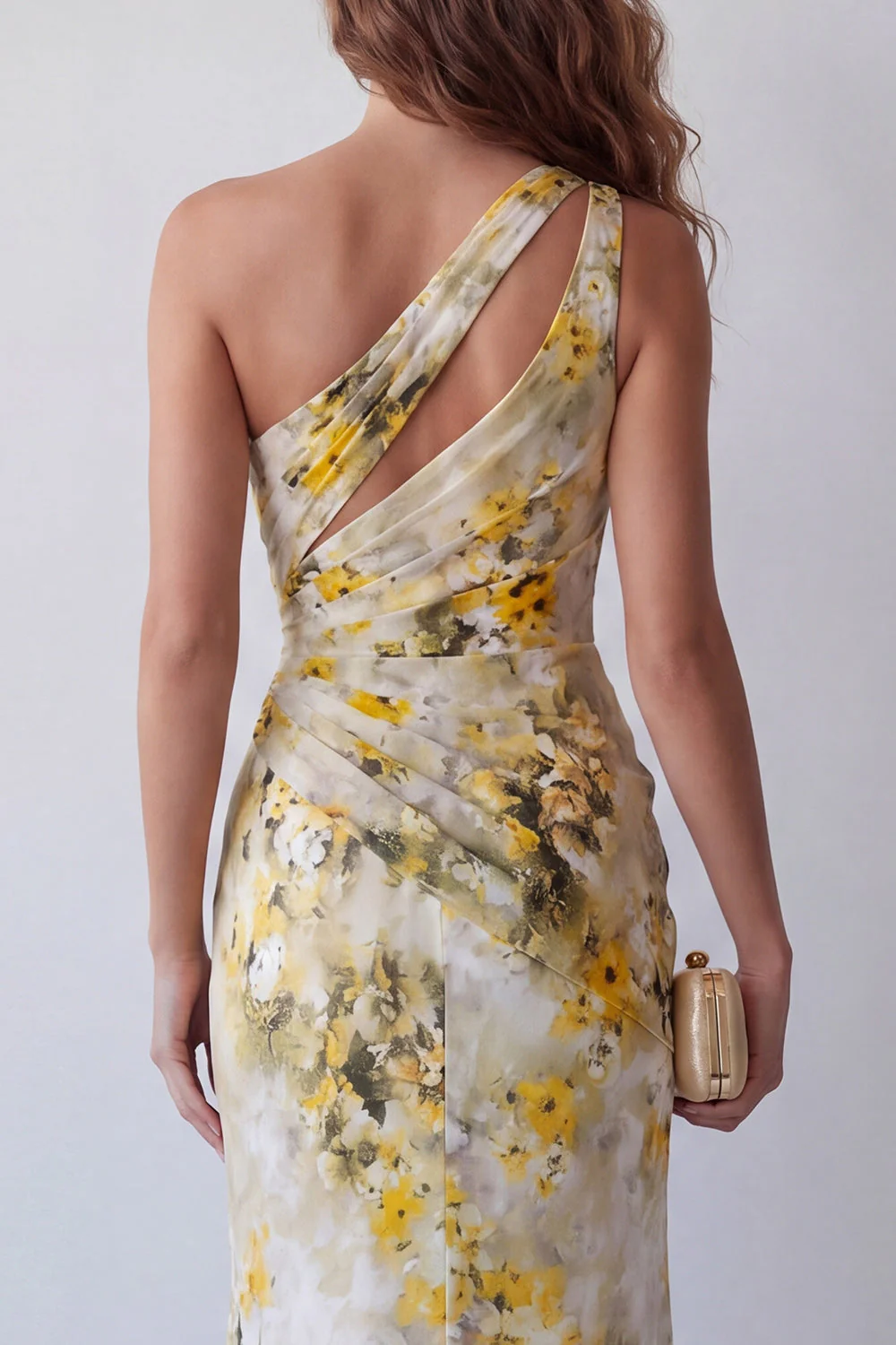 Robe formelle de cérémonie fleurie jaune clair à plis en jaune clair - Image 4