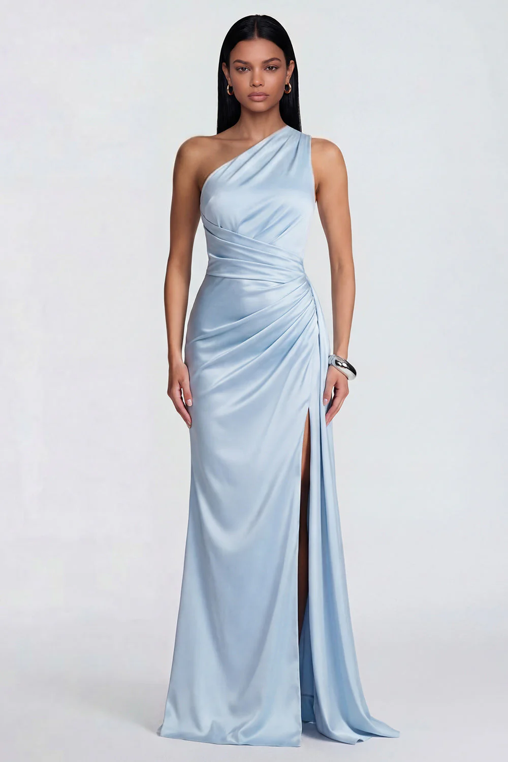 Robe formelle de sirène bleu ciel à une épaule froncée
