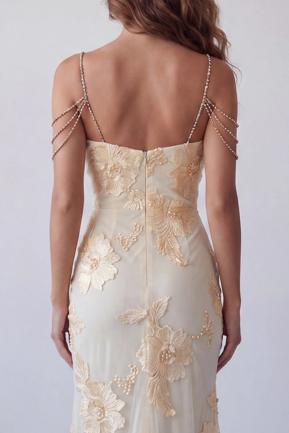 Robe formelle de sirène florale jaune clair avec sangles en chaîne en strass - Image 4