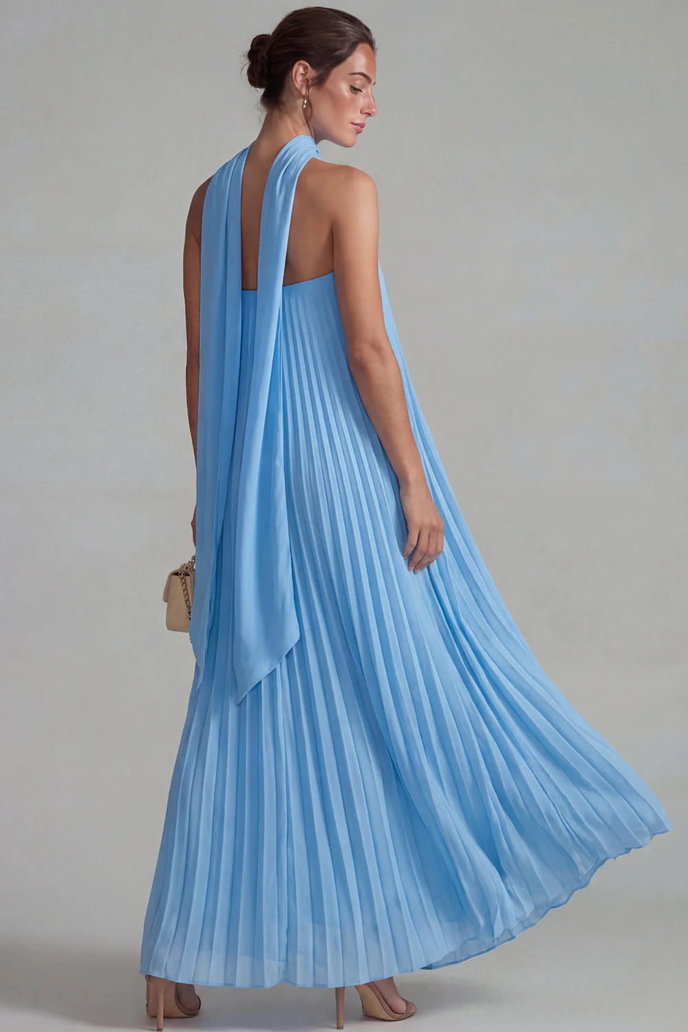 Robe formelle en chiffon bleu plissée à longues lignes avec ruban - Image 2