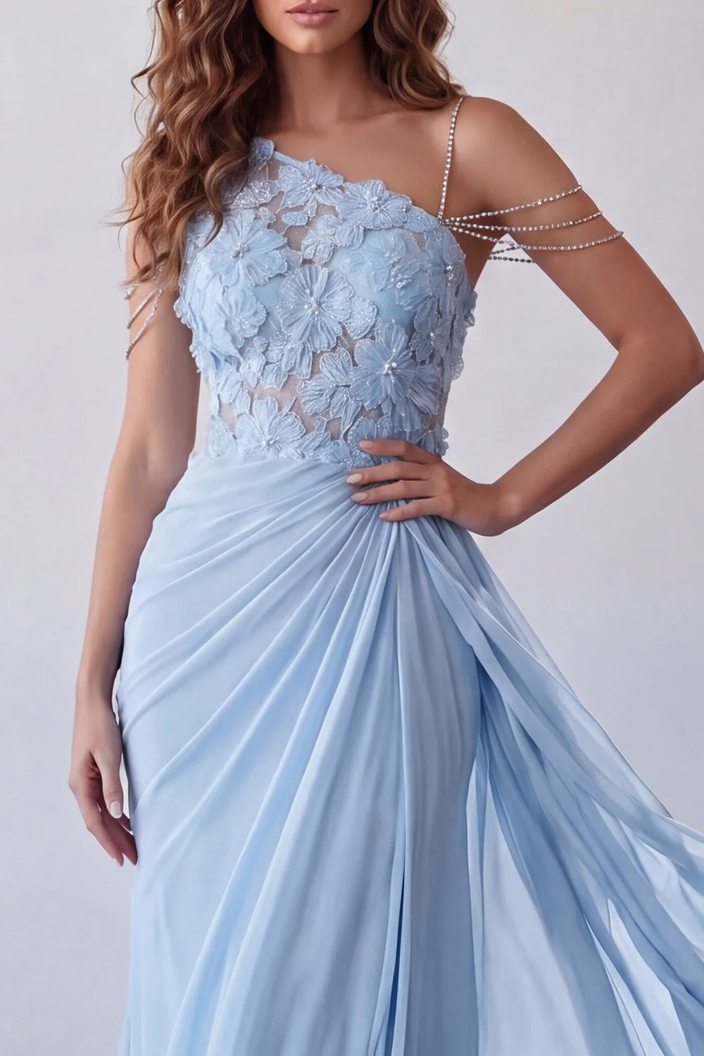 Robe formelle en mousseline appliquetique bleu ciel à une épaule avec serpentin - Image 3