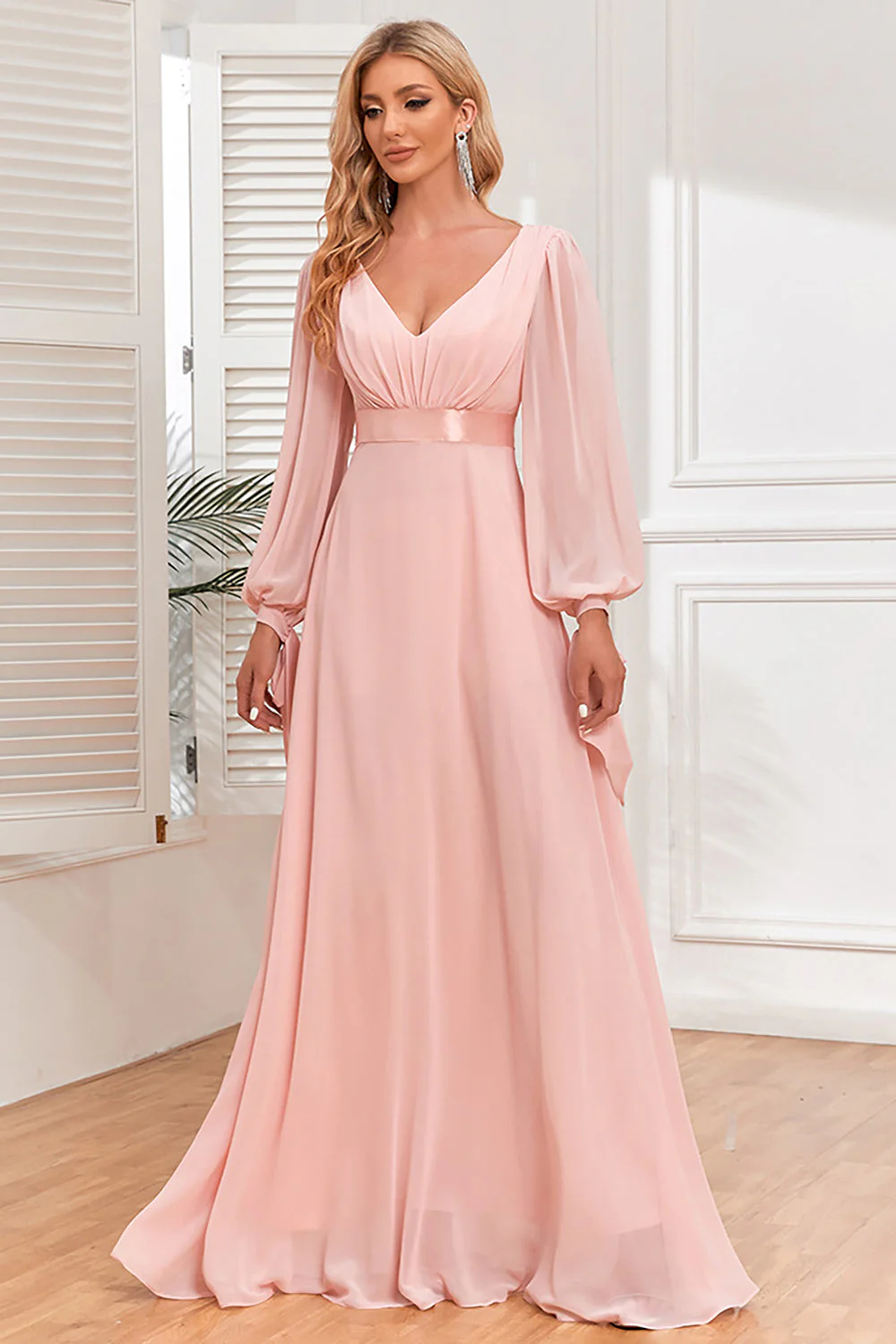 Robe formelle en mousseline de soie à col en V fard à joues à manches longues - Image 4