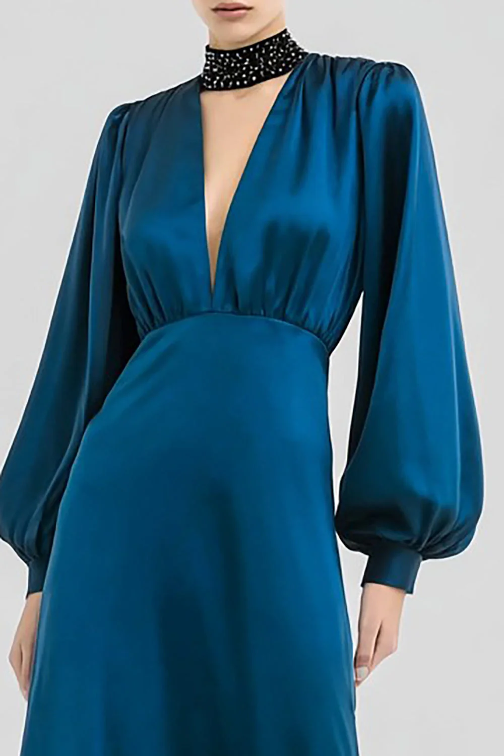 Robe formelle en satin à col en V à col en A bleu foncé avec manches longues - Image 2