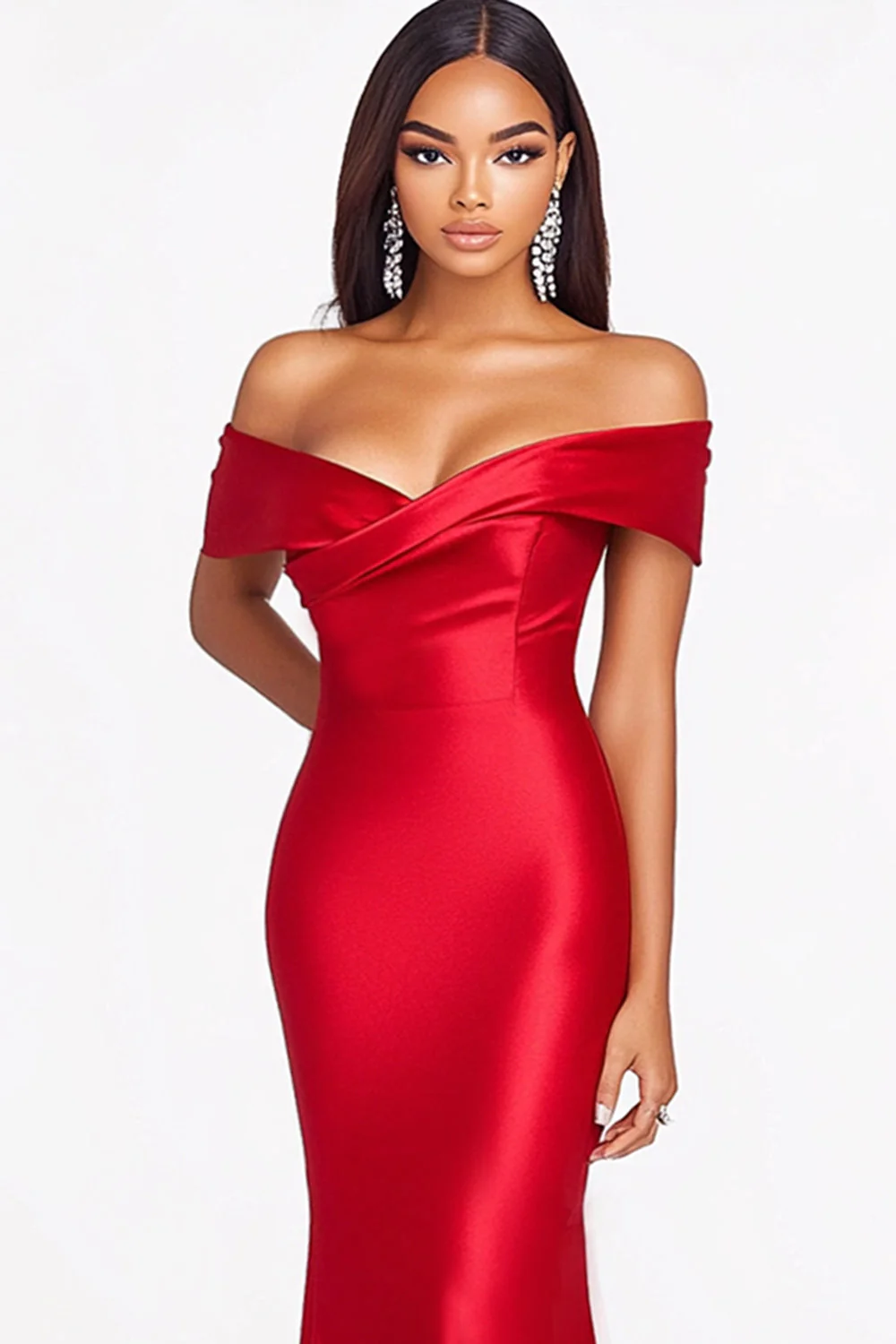 Robe formelle en satin à épaules dénudées sirène rouge - Image 2