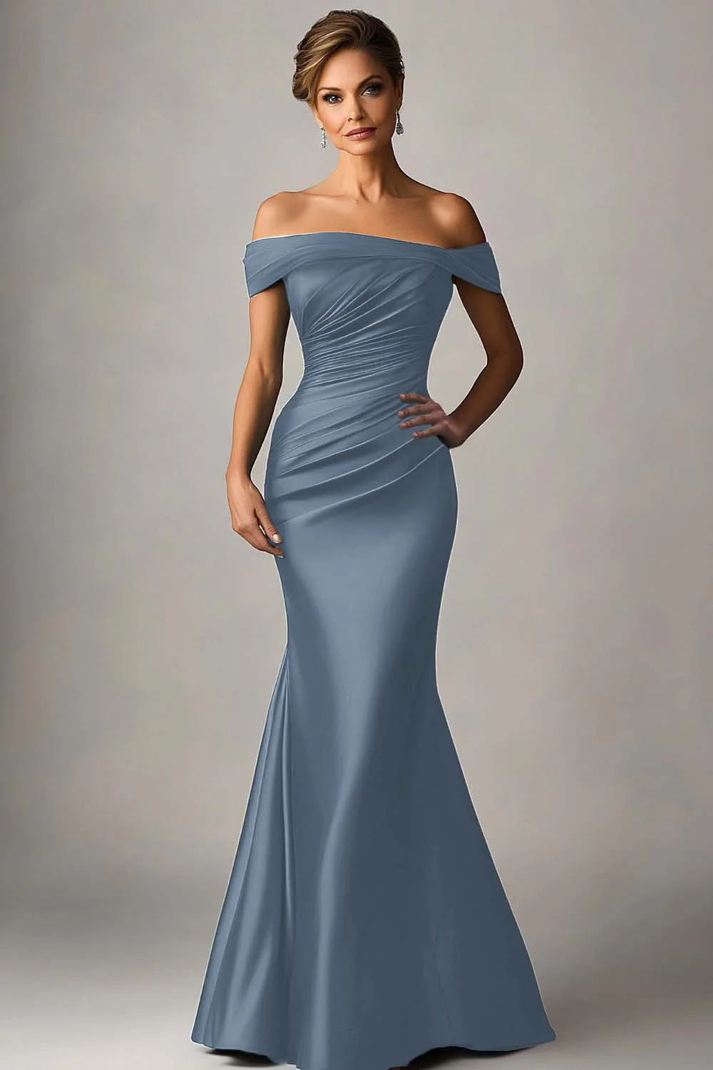 Robe formelle en satin froncé épaule large sirène bleu paon - Image 8
