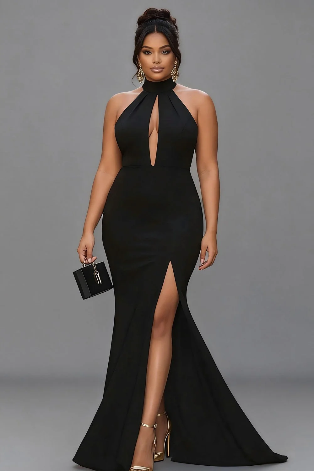 Robe formelle en satin grande taille en satin à dos nés sirène noire avec fente