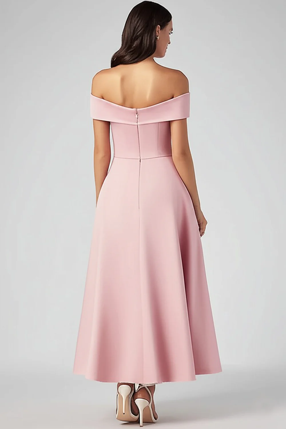 Robe formelle en satin rose à épaules dénudées - Image 2