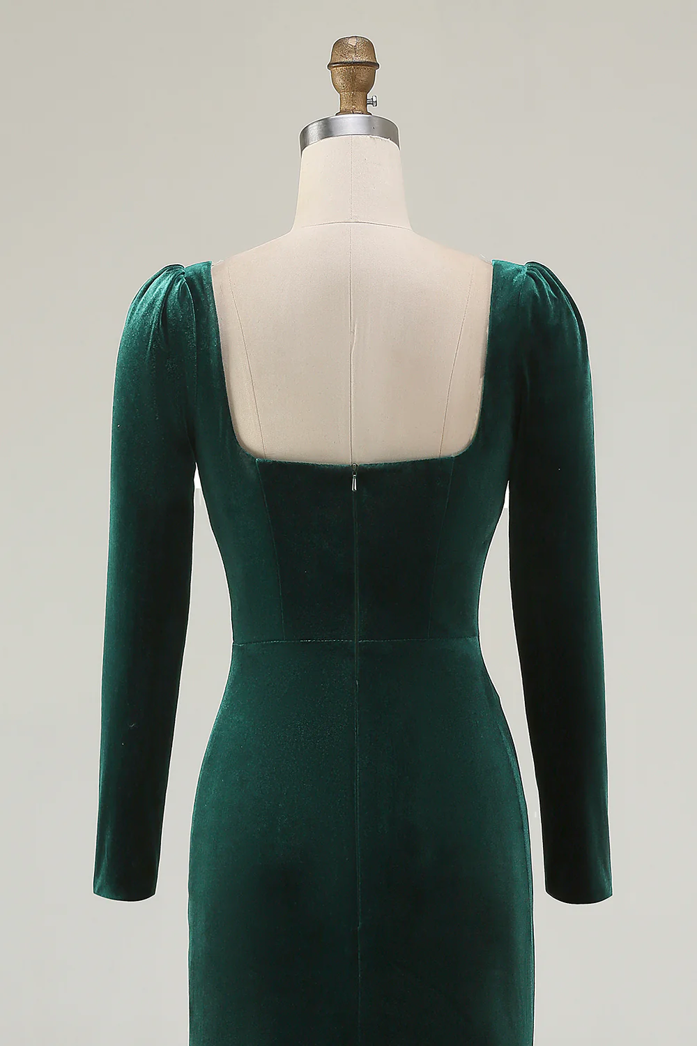Robe formelle en velours à col carré sirène vert foncé à manches longues - Image 7