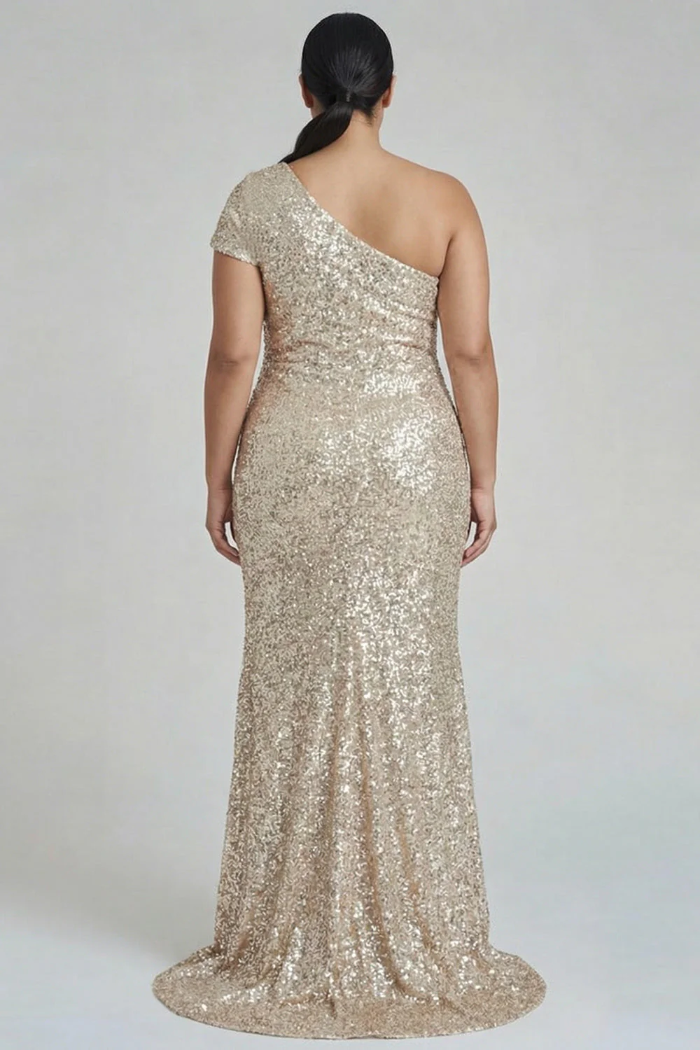 Robe formelle fourreau large taille une épaule champagne avec paillettes - Image 2