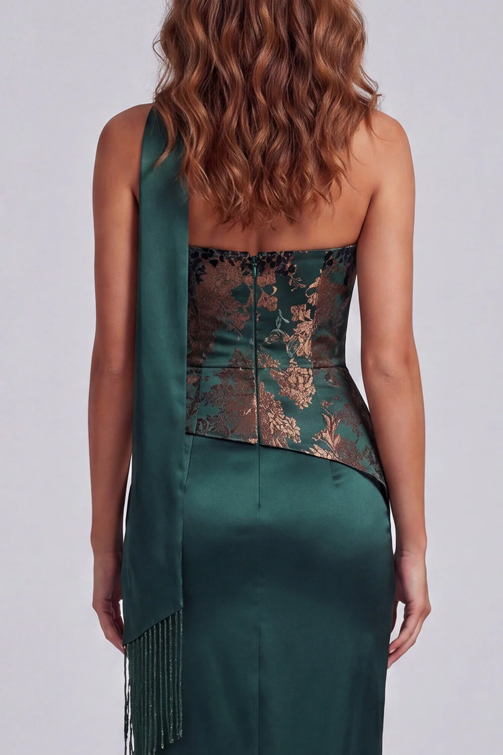 Robe formelle fourreau vert foncé sans bretelles avec bustier - Image 4