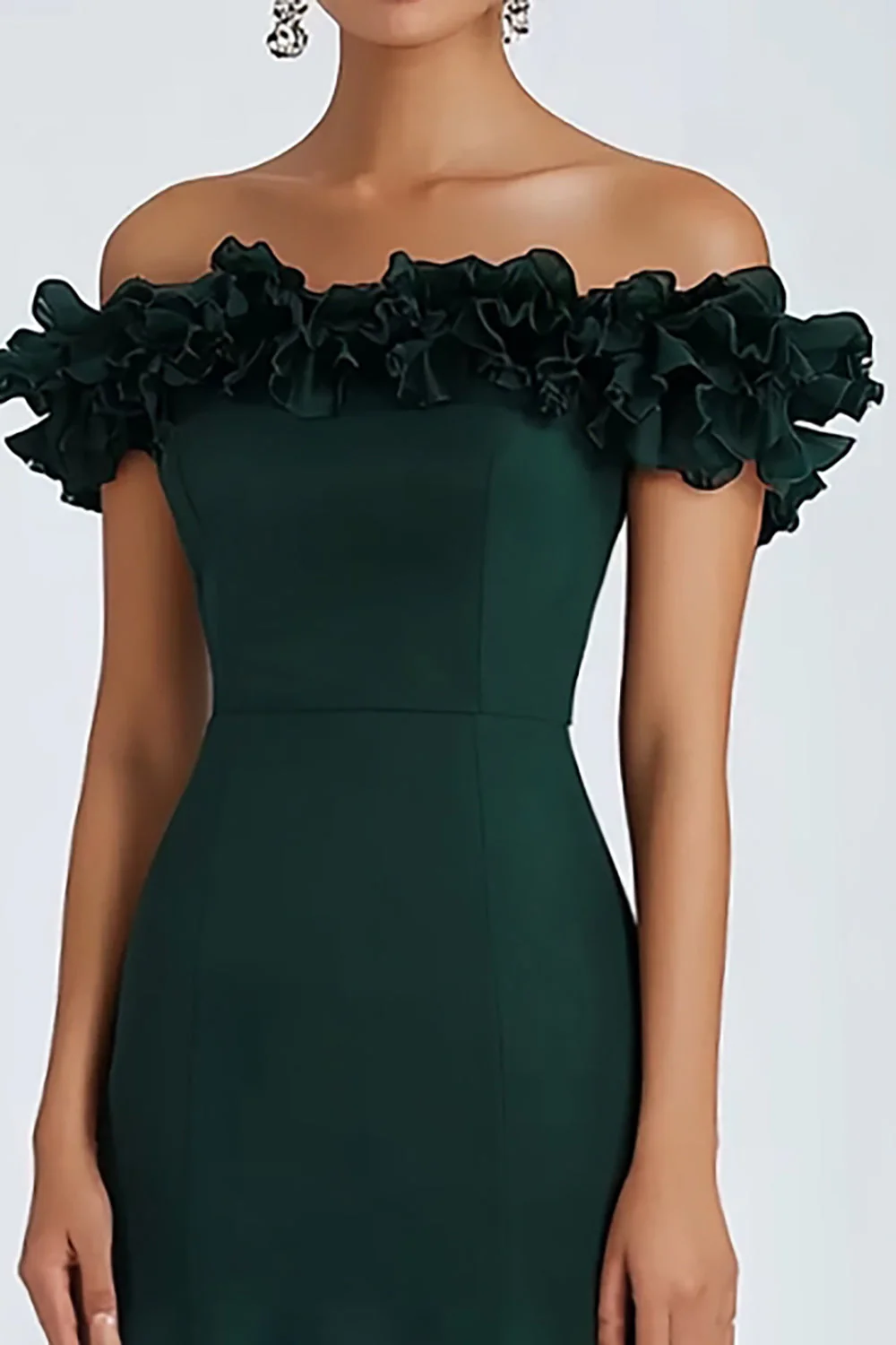 Robe formelle froncée à volants à épaules dénudées vert foncé - Image 2